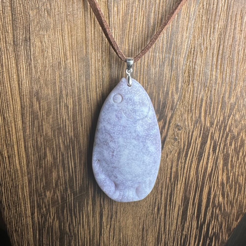 Ice Purple Coral Fossil Jade Fish Pendant Necklace on Brown Faux Suede - Picture 13 of 16